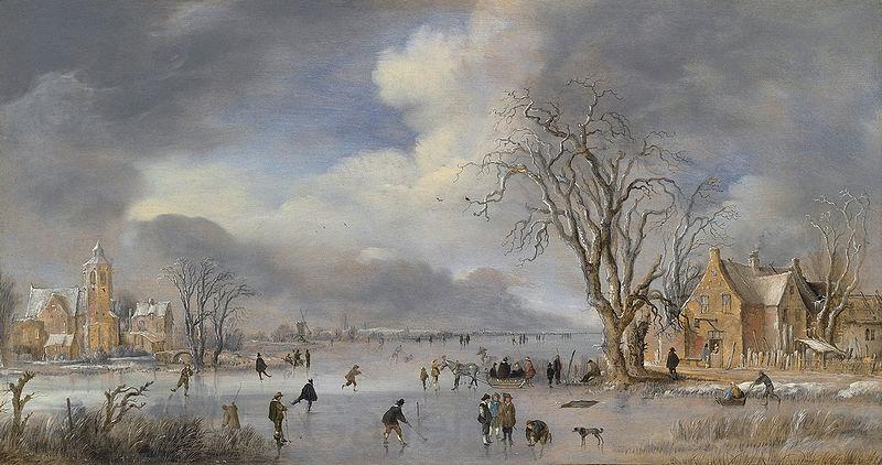 Aert van der Neer A winter landscape with skaters and kolf players on a frozen river Spain oil painting art